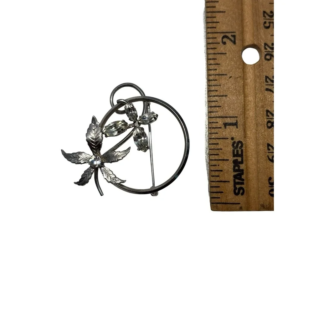 Vintage Signed Krementz Silver Tone Crystal Butterfly & Leaf Nature Brooch Pin